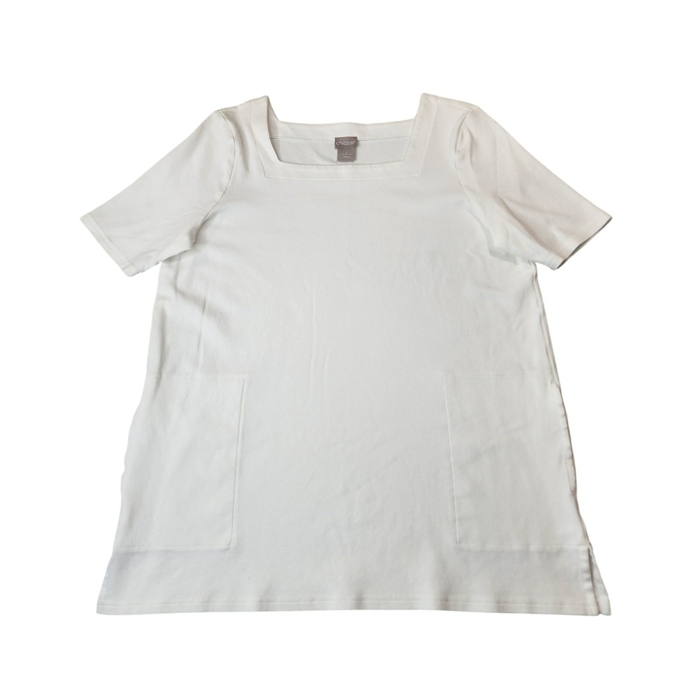Chico's Square Neck‎ Tunic Size 1 M White Short Sleeve Pocket Cotton Top